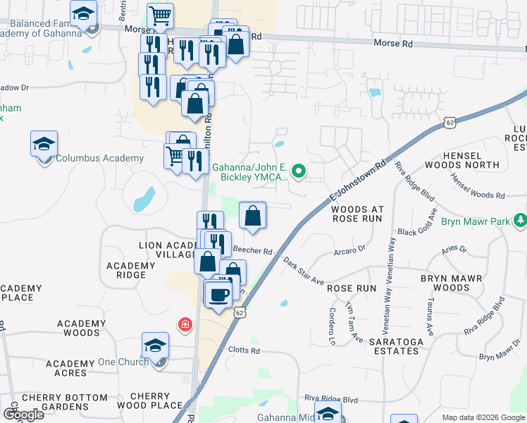 map of restaurants, bars, coffee shops, grocery stores, and more near 519 Mechwart Place in Gahanna