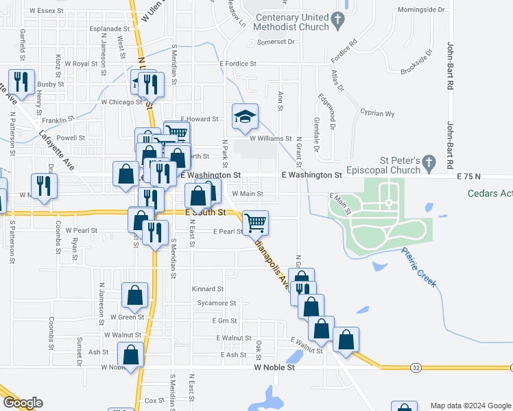 map of restaurants, bars, coffee shops, grocery stores, and more near 116 South Richardson Street in Lebanon
