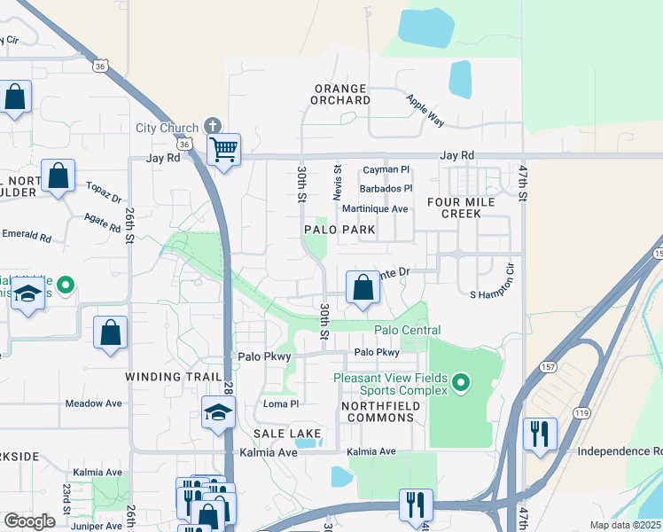map of restaurants, bars, coffee shops, grocery stores, and more near 3975 Arbol Court in Boulder