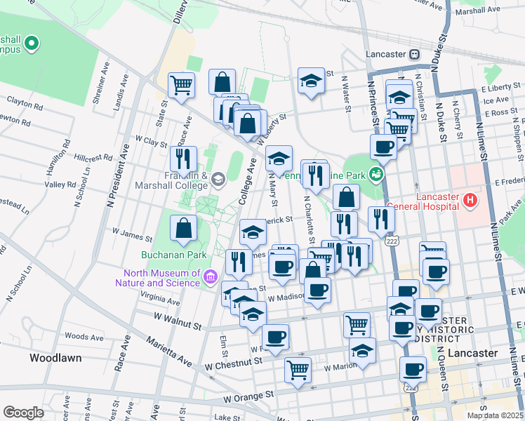 map of restaurants, bars, coffee shops, grocery stores, and more near 627 North Pine Street in Lancaster