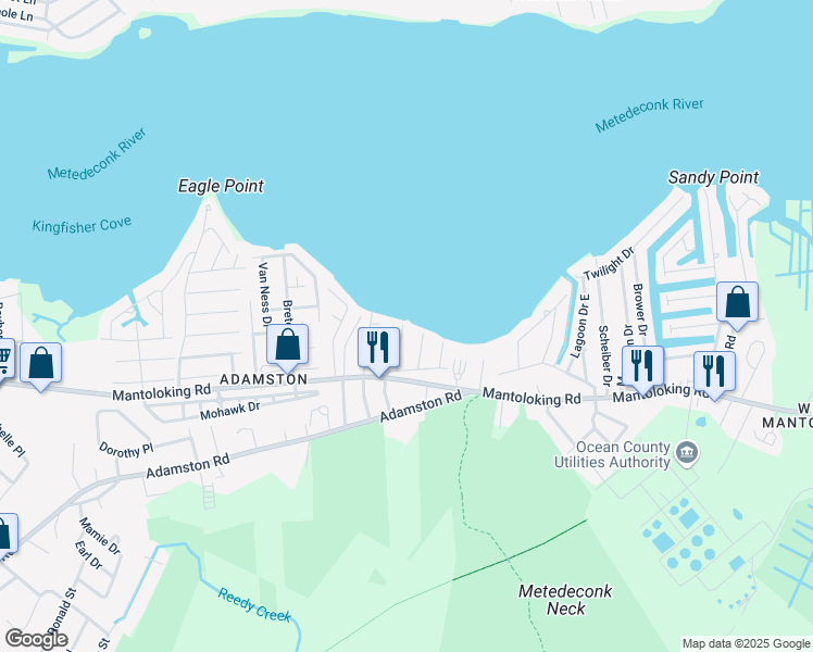 map of restaurants, bars, coffee shops, grocery stores, and more near 19 Ebb Tide Drive in Brick Township