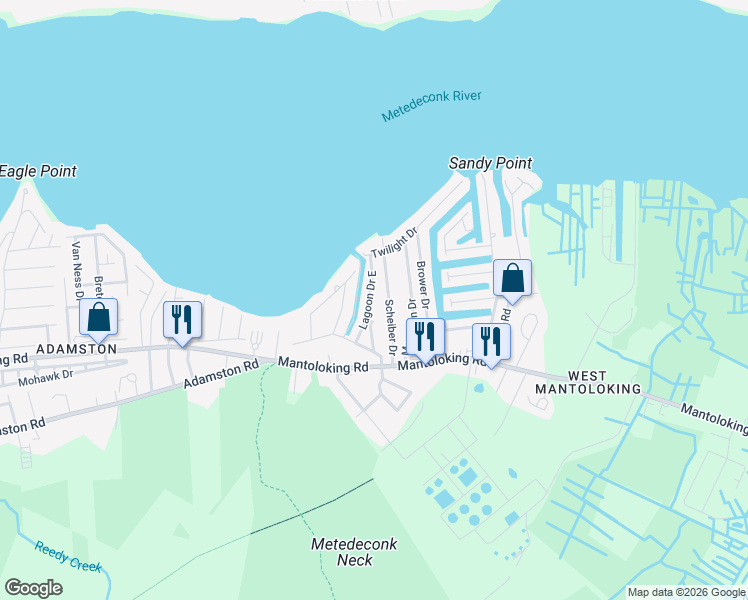 map of restaurants, bars, coffee shops, grocery stores, and more near 13 Scheiber Drive in Brick Township