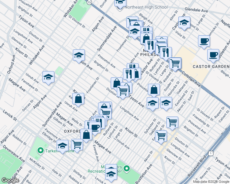 map of restaurants, bars, coffee shops, grocery stores, and more near 1409 Disston Street in Philadelphia
