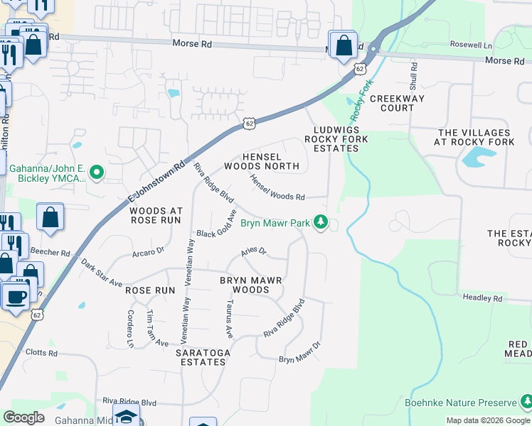map of restaurants, bars, coffee shops, grocery stores, and more near 1114 Riva Ridge Boulevard in Gahanna