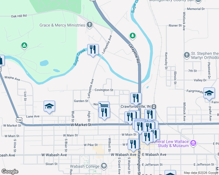 map of restaurants, bars, coffee shops, grocery stores, and more near 308 Covington Street in Crawfordsville