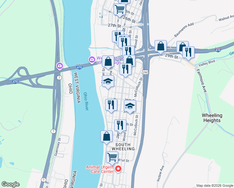 map of restaurants, bars, coffee shops, grocery stores, and more near 3530 Eoff Street in Wheeling
