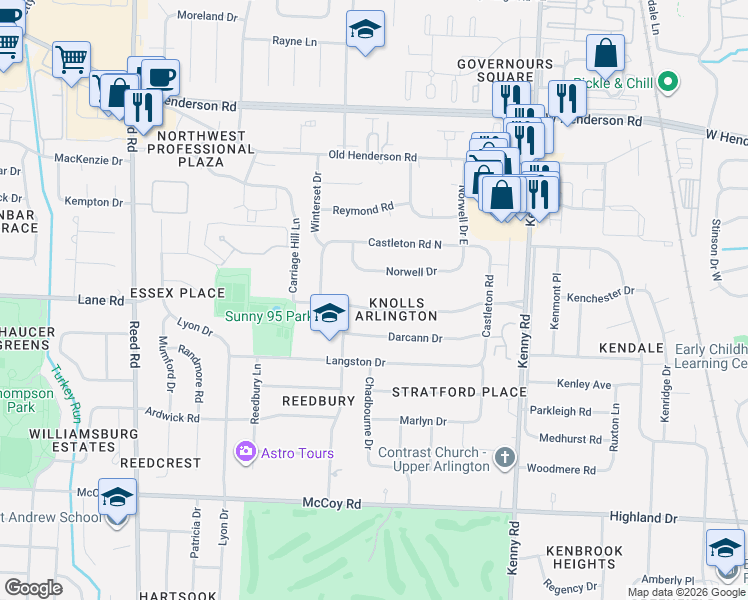 map of restaurants, bars, coffee shops, grocery stores, and more near 1362 Windham Road in Columbus