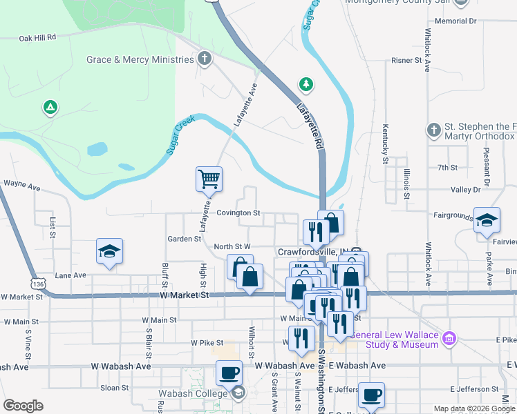 map of restaurants, bars, coffee shops, grocery stores, and more near 308 Covington Street in Crawfordsville