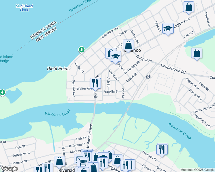 map of restaurants, bars, coffee shops, grocery stores, and more near 420 Ash Street in Delanco