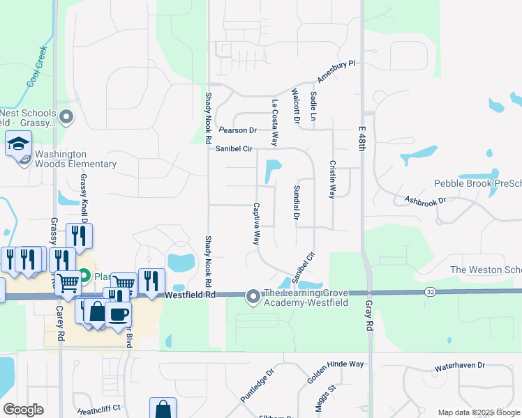 map of restaurants, bars, coffee shops, grocery stores, and more near 17835 Captiva Way in Noblesville