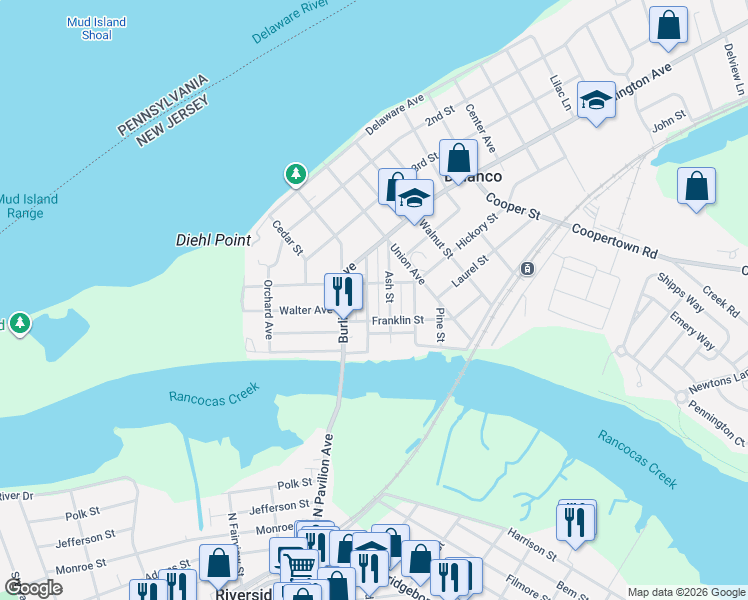 map of restaurants, bars, coffee shops, grocery stores, and more near 420 Ash Street in Delanco