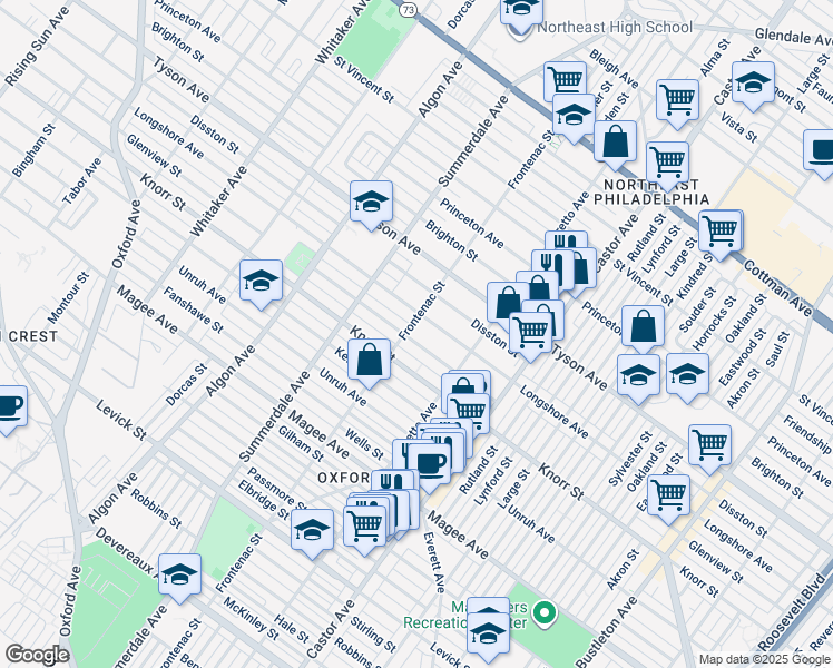 map of restaurants, bars, coffee shops, grocery stores, and more near 1305 Glenview Street in Philadelphia