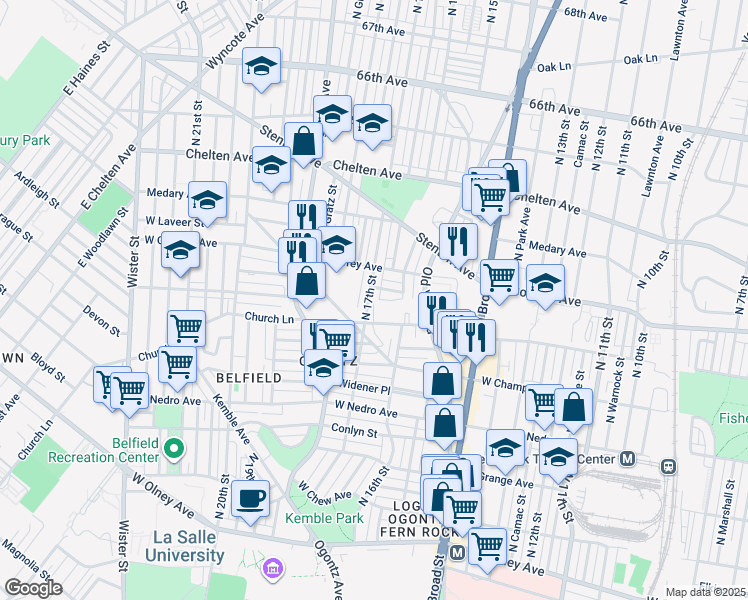 map of restaurants, bars, coffee shops, grocery stores, and more near 6139 North 17th Street in Philadelphia