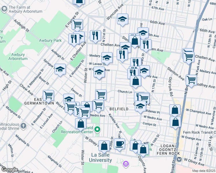 map of restaurants, bars, coffee shops, grocery stores, and more near 6035 North Lambert Street in Philadelphia