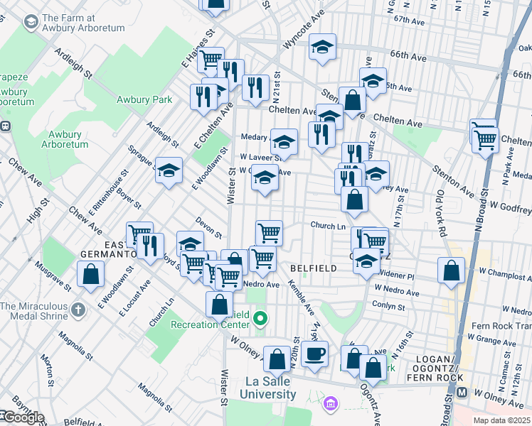 map of restaurants, bars, coffee shops, grocery stores, and more near 6052 North 21st Street in Philadelphia
