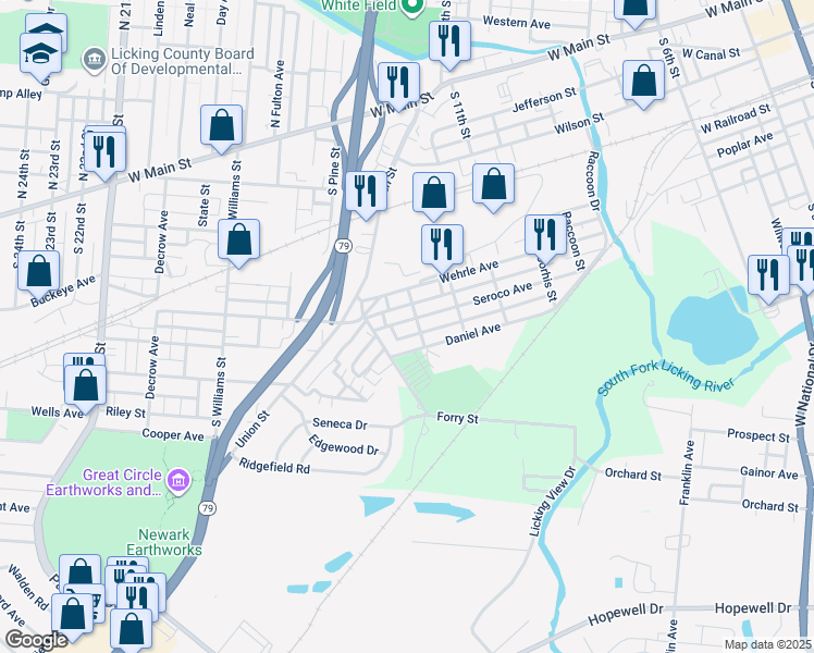map of restaurants, bars, coffee shops, grocery stores, and more near 545 Seroco Avenue in Newark
