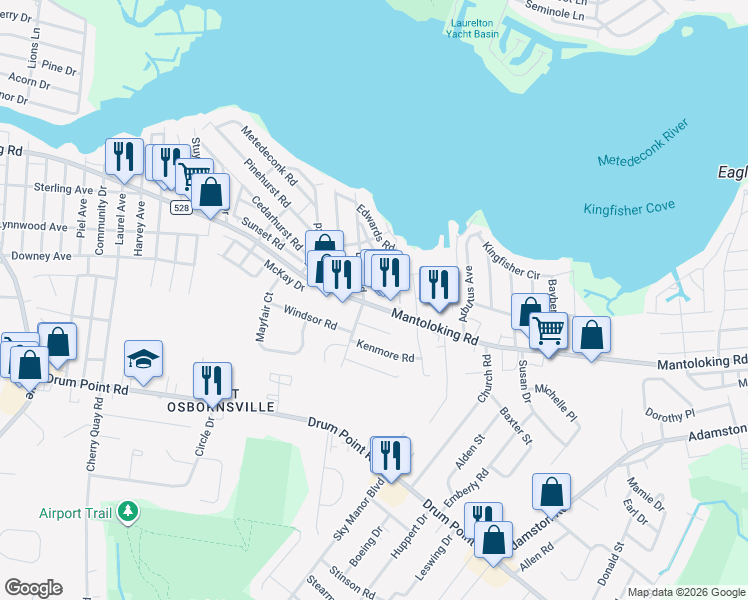map of restaurants, bars, coffee shops, grocery stores, and more near 638 County Road 528 in Brick Township