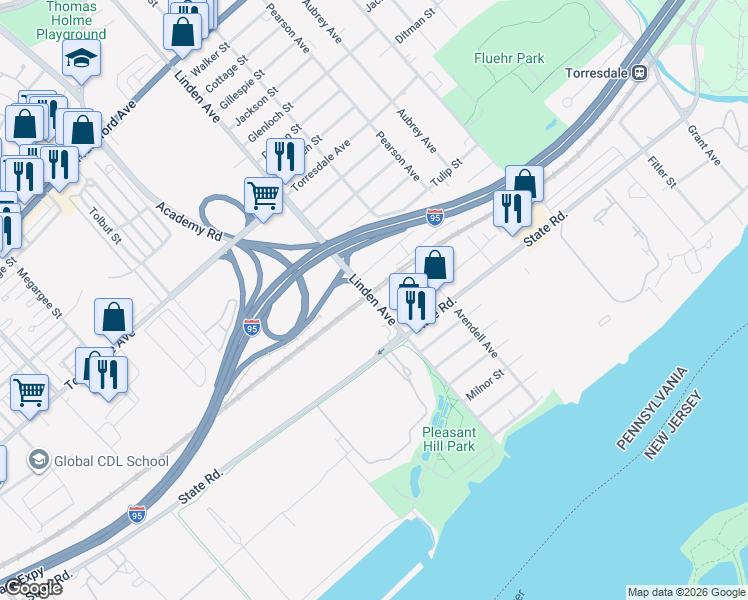 map of restaurants, bars, coffee shops, grocery stores, and more near 4967 Linden Avenue in Philadelphia