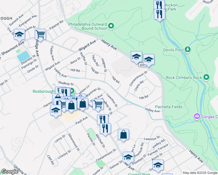 map of restaurants, bars, coffee shops, grocery stores, and more near 7218 Valley Avenue in Philadelphia