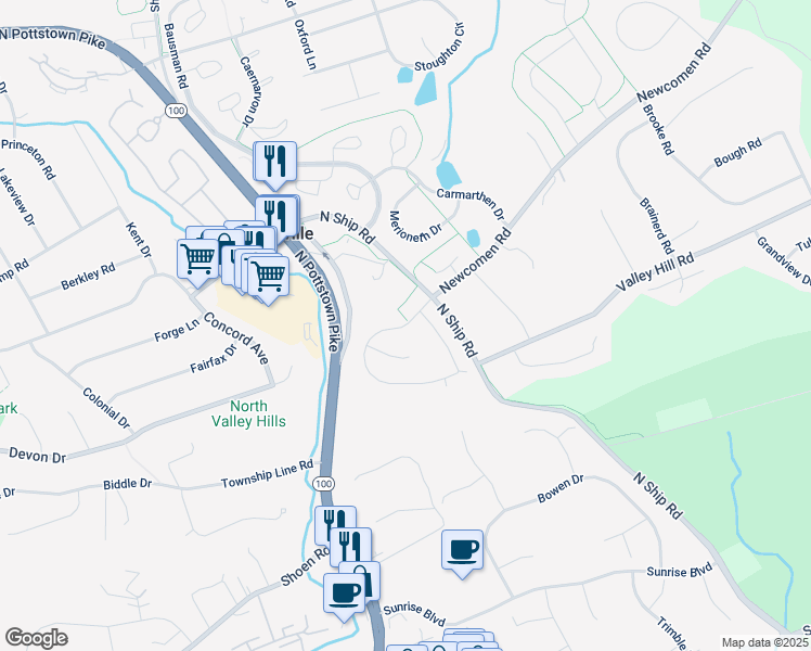 map of restaurants, bars, coffee shops, grocery stores, and more near 107 Llandovery Drive in Exton