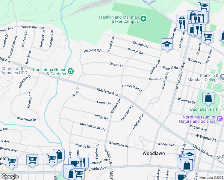 map of restaurants, bars, coffee shops, grocery stores, and more near 1409 Marietta Avenue in Lancaster