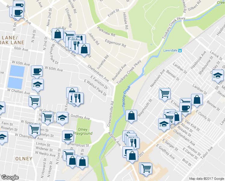 map of restaurants, bars, coffee shops, grocery stores, and more near 6522 Crescentville Road in Philadelphia