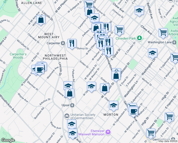 map of restaurants, bars, coffee shops, grocery stores, and more near 222 West Hortter Street in Philadelphia