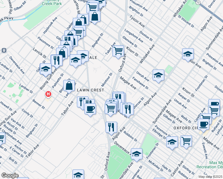 map of restaurants, bars, coffee shops, grocery stores, and more near 6434 Oxford Avenue in Philadelphia