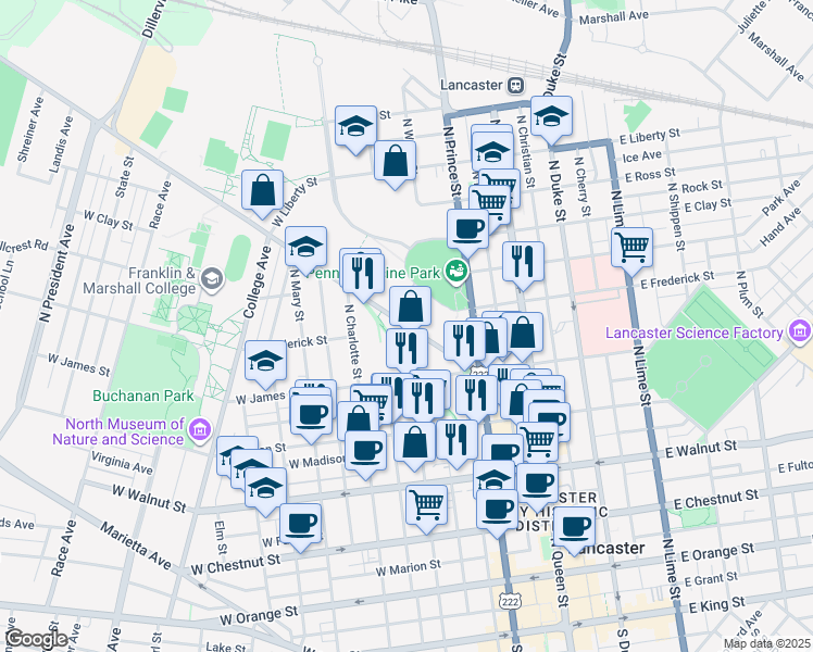 map of restaurants, bars, coffee shops, grocery stores, and more near Harrisburg Avenue & North Mulberry Street in Lancaster