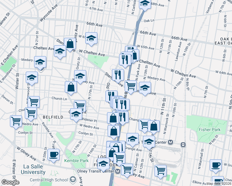 map of restaurants, bars, coffee shops, grocery stores, and more near 1425 West Sparks Street in Philadelphia