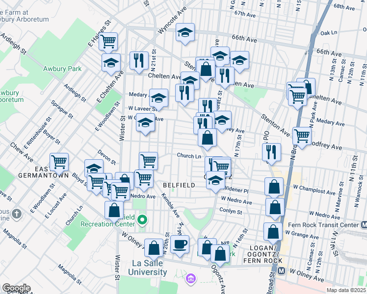 map of restaurants, bars, coffee shops, grocery stores, and more near 1950 West Spencer Avenue in Philadelphia