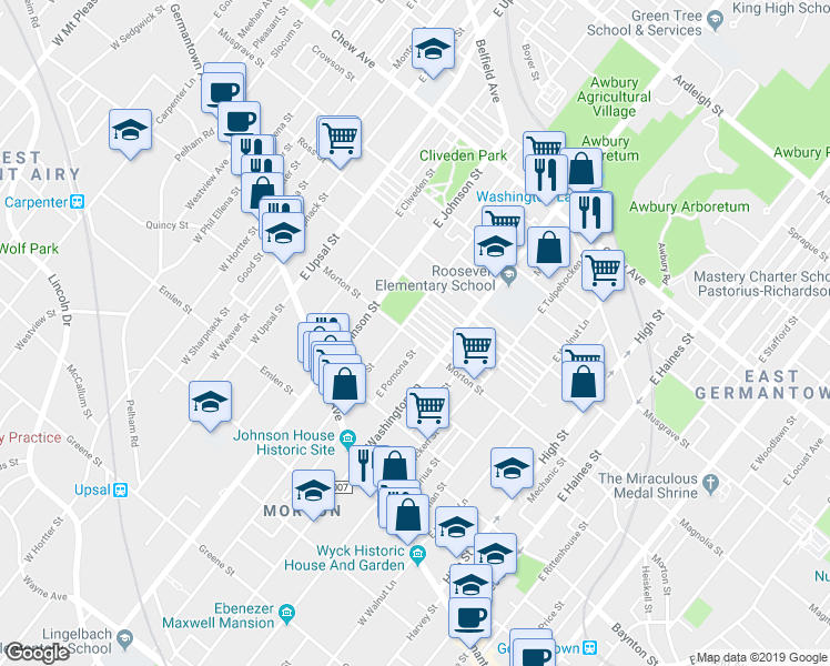 map of restaurants, bars, coffee shops, grocery stores, and more near 6333 Morton Street in Philadelphia