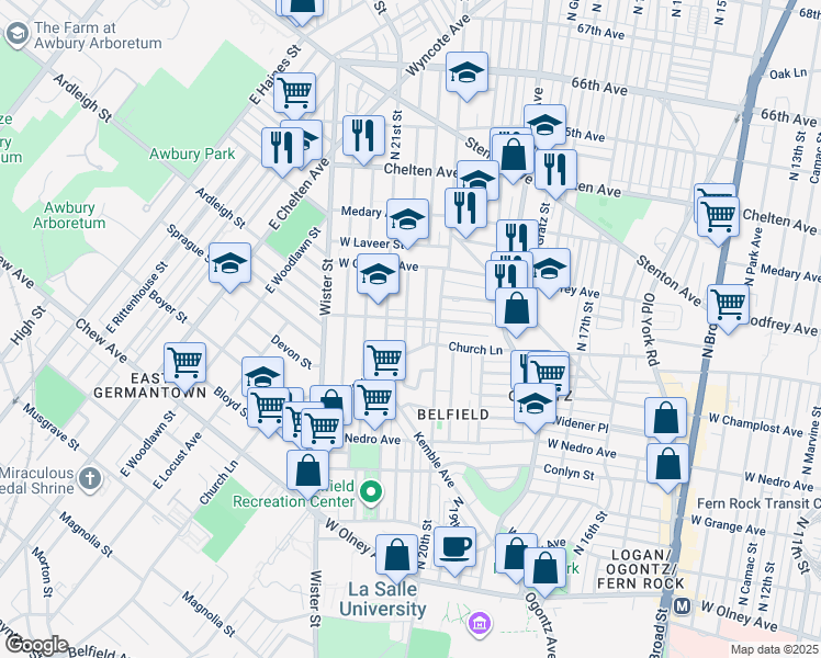 map of restaurants, bars, coffee shops, grocery stores, and more near 6035 North Lambert Street in Philadelphia