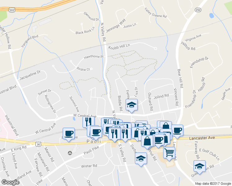 map of restaurants, bars, coffee shops, grocery stores, and more near 126 Biddle Road in Paoli