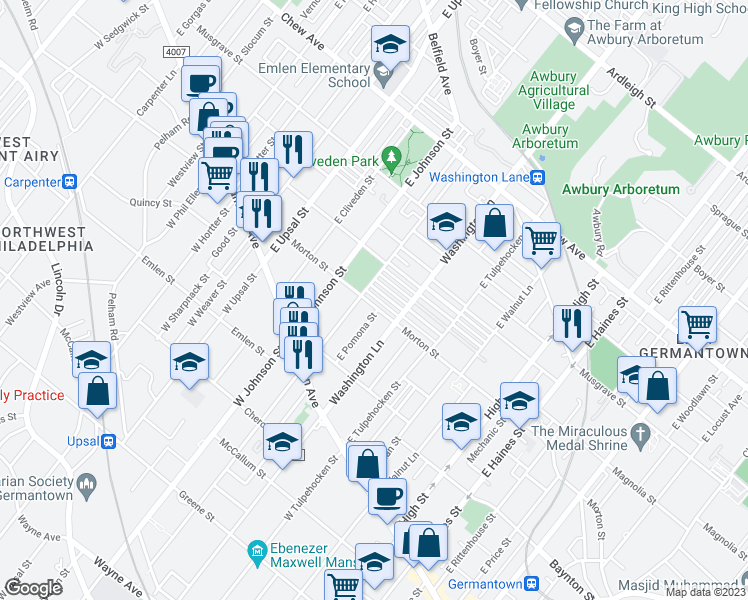 map of restaurants, bars, coffee shops, grocery stores, and more near 6333 Morton Street in Philadelphia