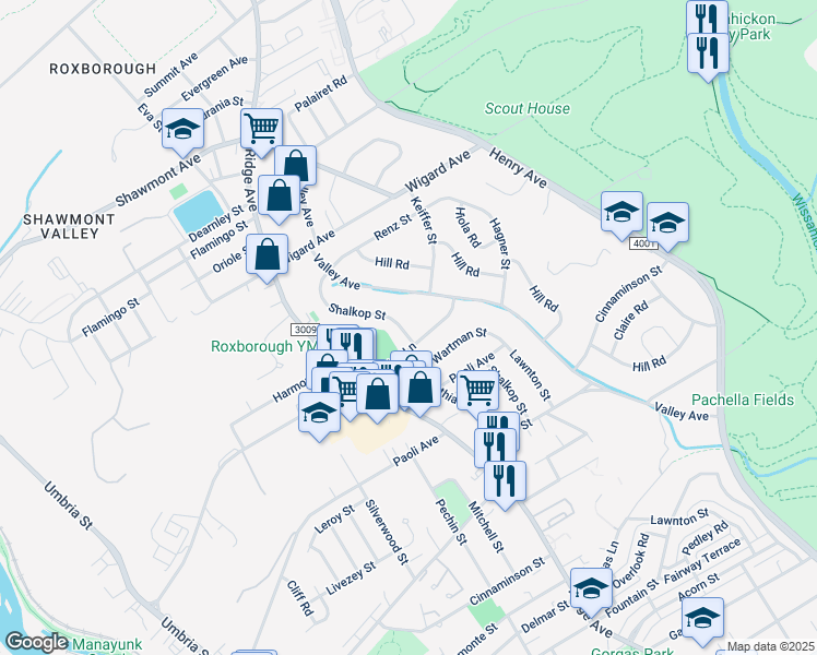 map of restaurants, bars, coffee shops, grocery stores, and more near 7203 Shalkop Street in Philadelphia