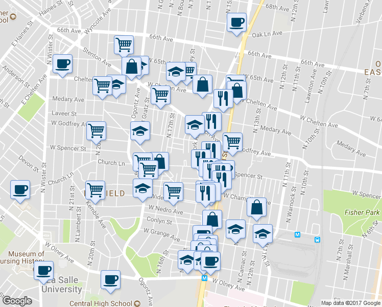map of restaurants, bars, coffee shops, grocery stores, and more near 6132 Old York Road in Philadelphia