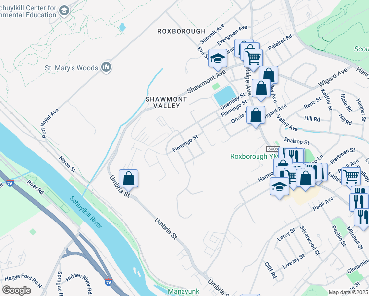 map of restaurants, bars, coffee shops, grocery stores, and more near 7512 Manti Street in Philadelphia