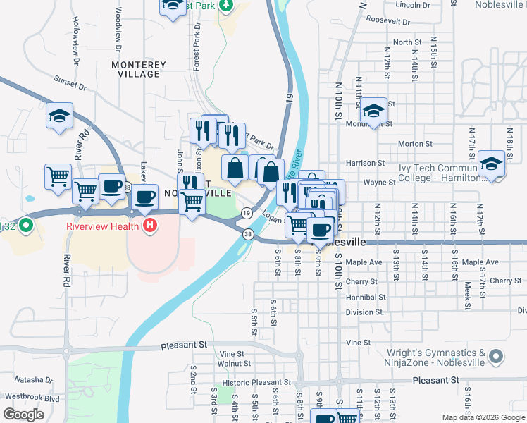 map of restaurants, bars, coffee shops, grocery stores, and more near Logan Street in Noblesville