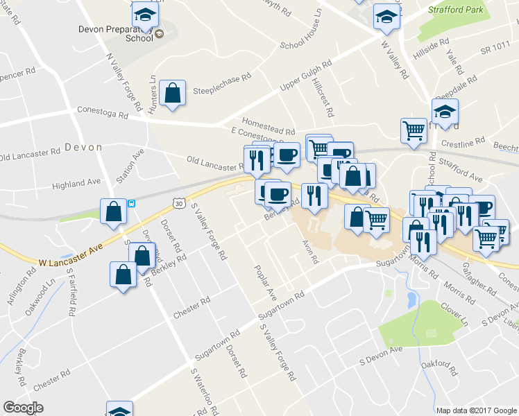 map of restaurants, bars, coffee shops, grocery stores, and more near 58 Grove Avenue in Devon