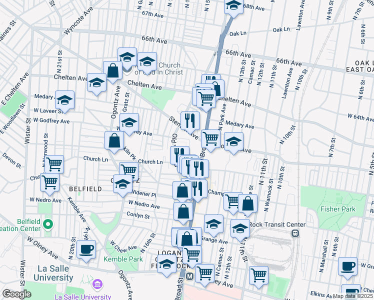 map of restaurants, bars, coffee shops, grocery stores, and more near 6141 1/2 Old York Road in Philadelphia
