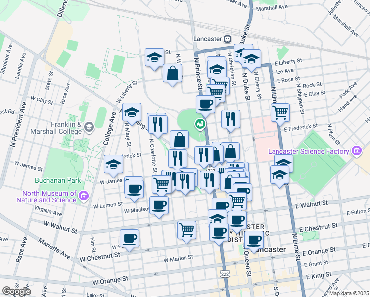 map of restaurants, bars, coffee shops, grocery stores, and more near 265 Harrisburg Pike in Lancaster