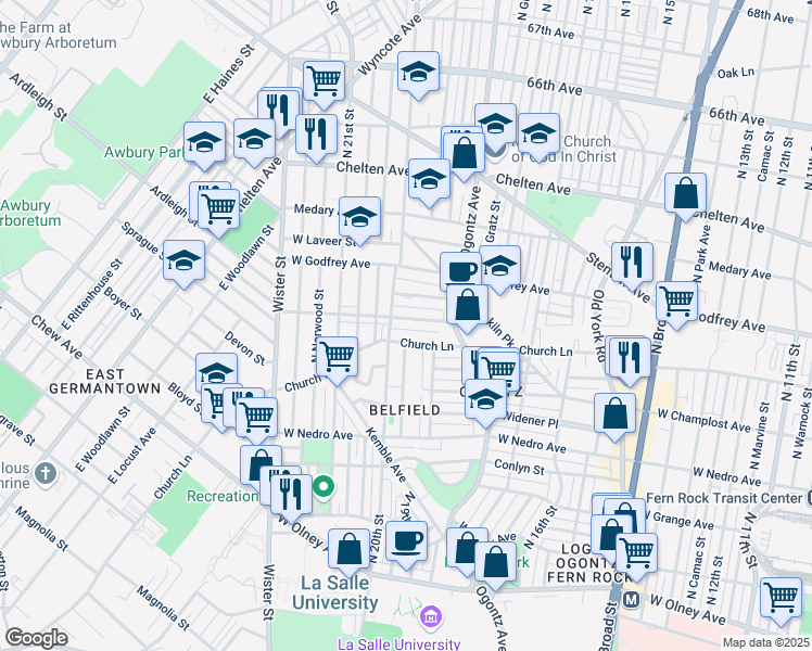 map of restaurants, bars, coffee shops, grocery stores, and more near 1964 West Spencer Street in Philadelphia