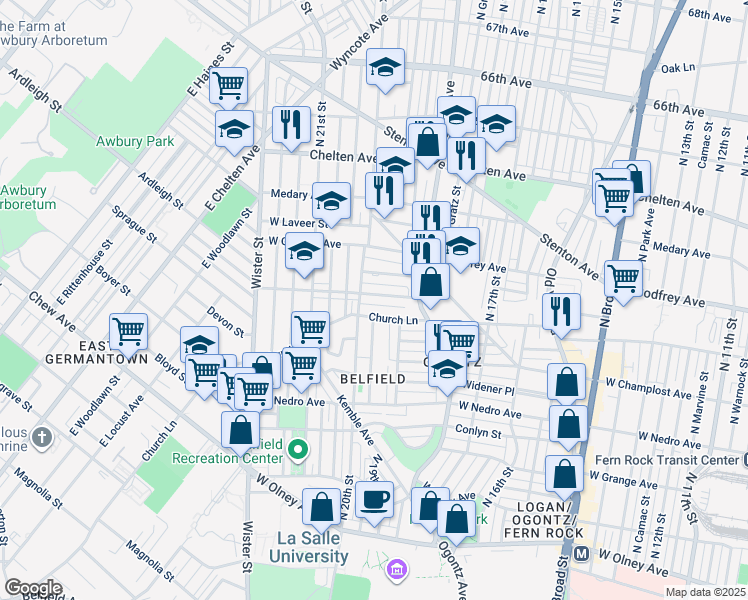 map of restaurants, bars, coffee shops, grocery stores, and more near 1964 West Spencer Avenue in Philadelphia