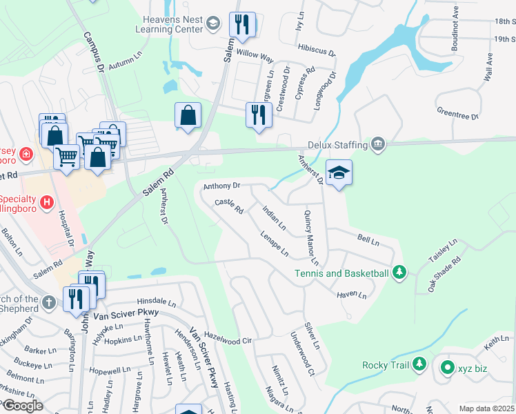 map of restaurants, bars, coffee shops, grocery stores, and more near 13 Castle Road in Burlington