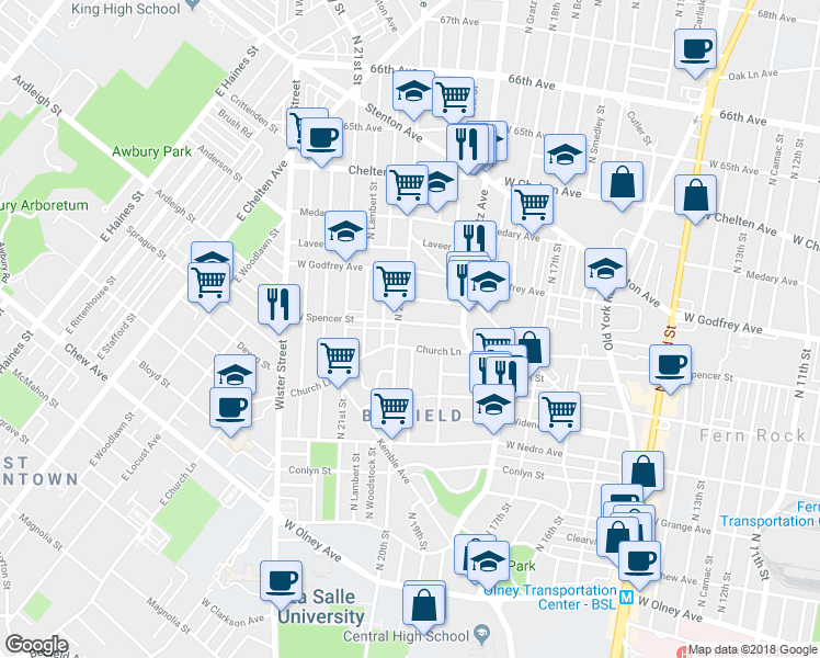 map of restaurants, bars, coffee shops, grocery stores, and more near 1968 West Spencer Street in Philadelphia