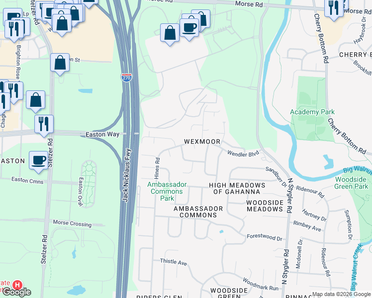 map of restaurants, bars, coffee shops, grocery stores, and more near 3566 Malabar St in Columbus