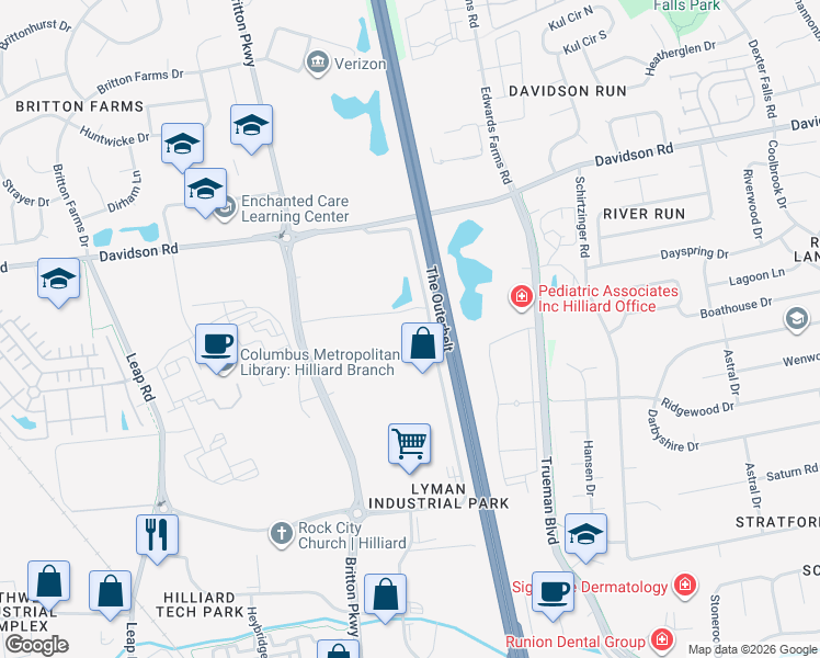 map of restaurants, bars, coffee shops, grocery stores, and more near 4621 Lyman Drive in Hilliard