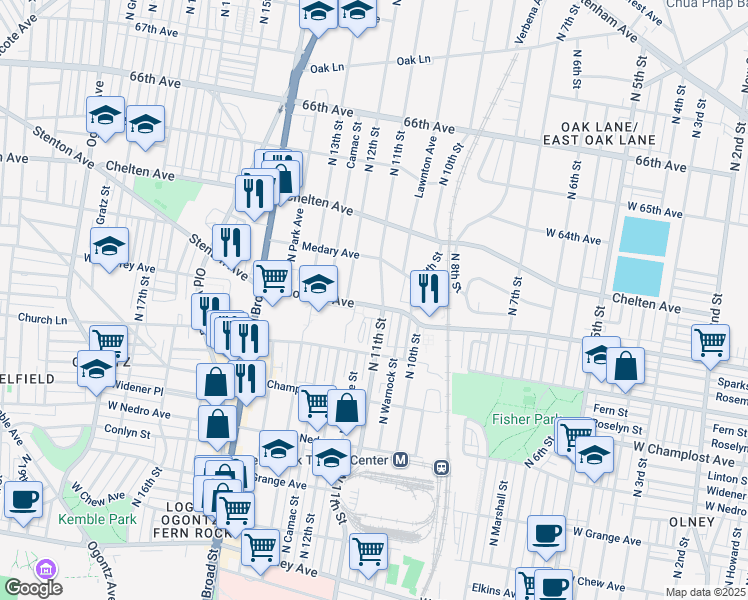 map of restaurants, bars, coffee shops, grocery stores, and more near 6200 North 11th Street in Philadelphia