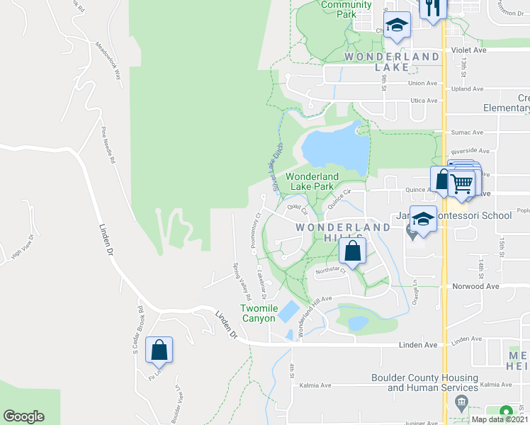 map of restaurants, bars, coffee shops, grocery stores, and more near 3958 Promontory Court in Boulder